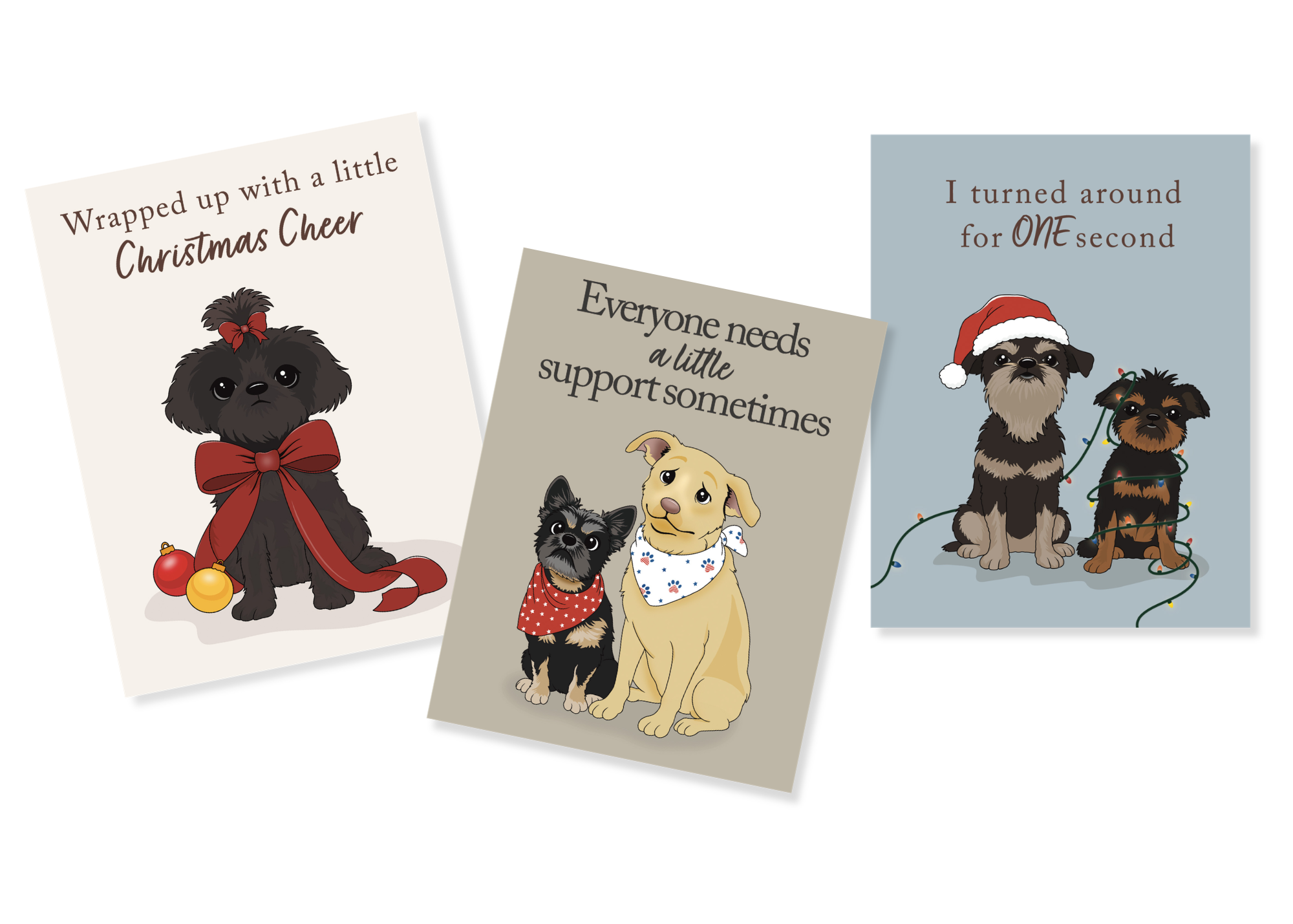 Three hand-drawn pet greeting cards from JC Pet Designs featuring illustrated dogs with festive and heartfelt messages