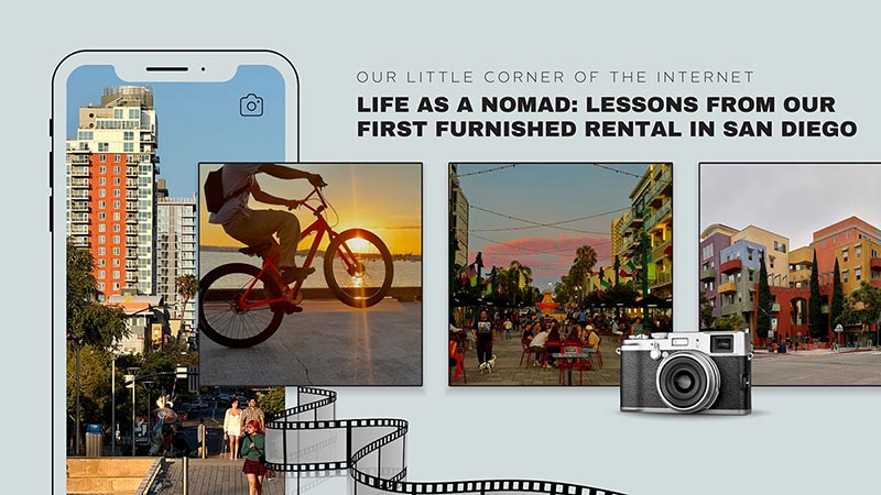 collage of San Diego lifestyle photos showing colorful downtown buildings, a cyclist at sunset, outdoor dining, and street scenes - featured in the JC Pet Designs blog post Life as a Nomad: Lessons from our First Furnished Rental in San Diego