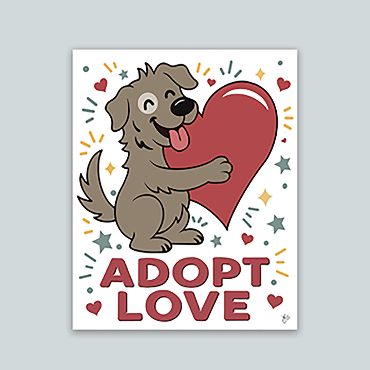 Adopt Love art print with smiling brown dog with white patch around right eye hugging a red heart surrounded by yellow diamonds, teal stars, red hearts, teal dots, and teal & yellow lines on a white background