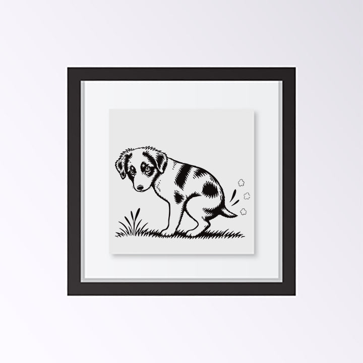 Mini Aussie Dog Pooping Black and White Unframed Art Print | Funny Dog Bathroom Decor | Pet Lover Gift