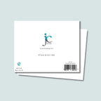 back of Different But Best Friends greeting card showing JC Pet Designs logo and unique tagline message that says "Different But Best Friends", in bottom left corner is Oz's paw print in teal color and text below paw print says "blank inside, made in the USA", and in the bottom right corner is the sku and barcode