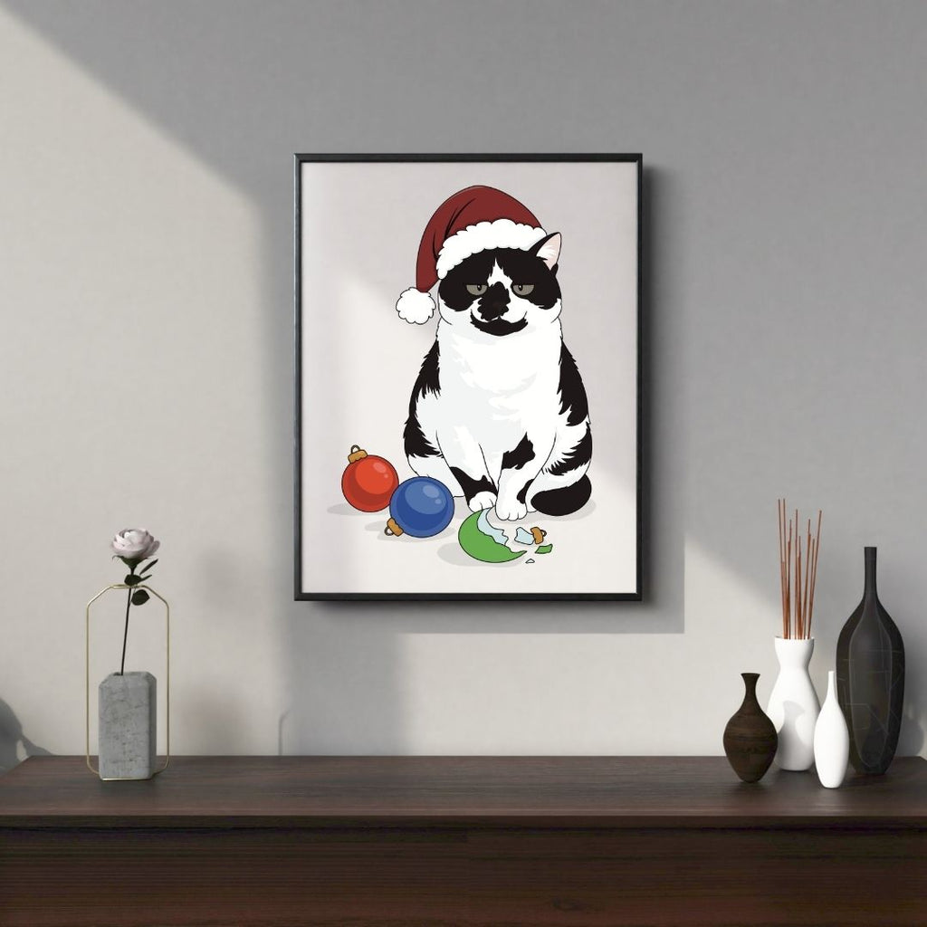 Framed custom hand-drawn artwork of a cat wearing a Santa hat on a wall above a wooden shelf with decorative items.