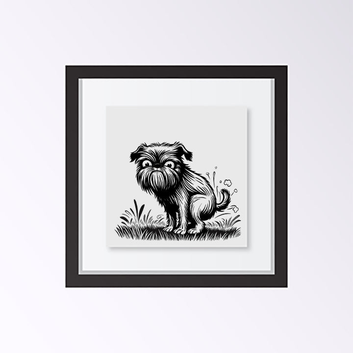 Brussels Griffon dog pooping art print in black frame on white background