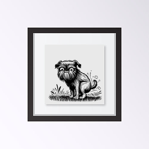 Brussels Griffon dog pooping art print in black frame on white background