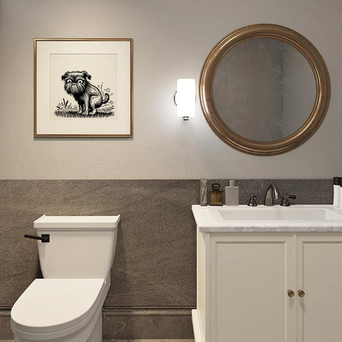 Brussels Griffon dog pooping art print framed over toilet in bathroom