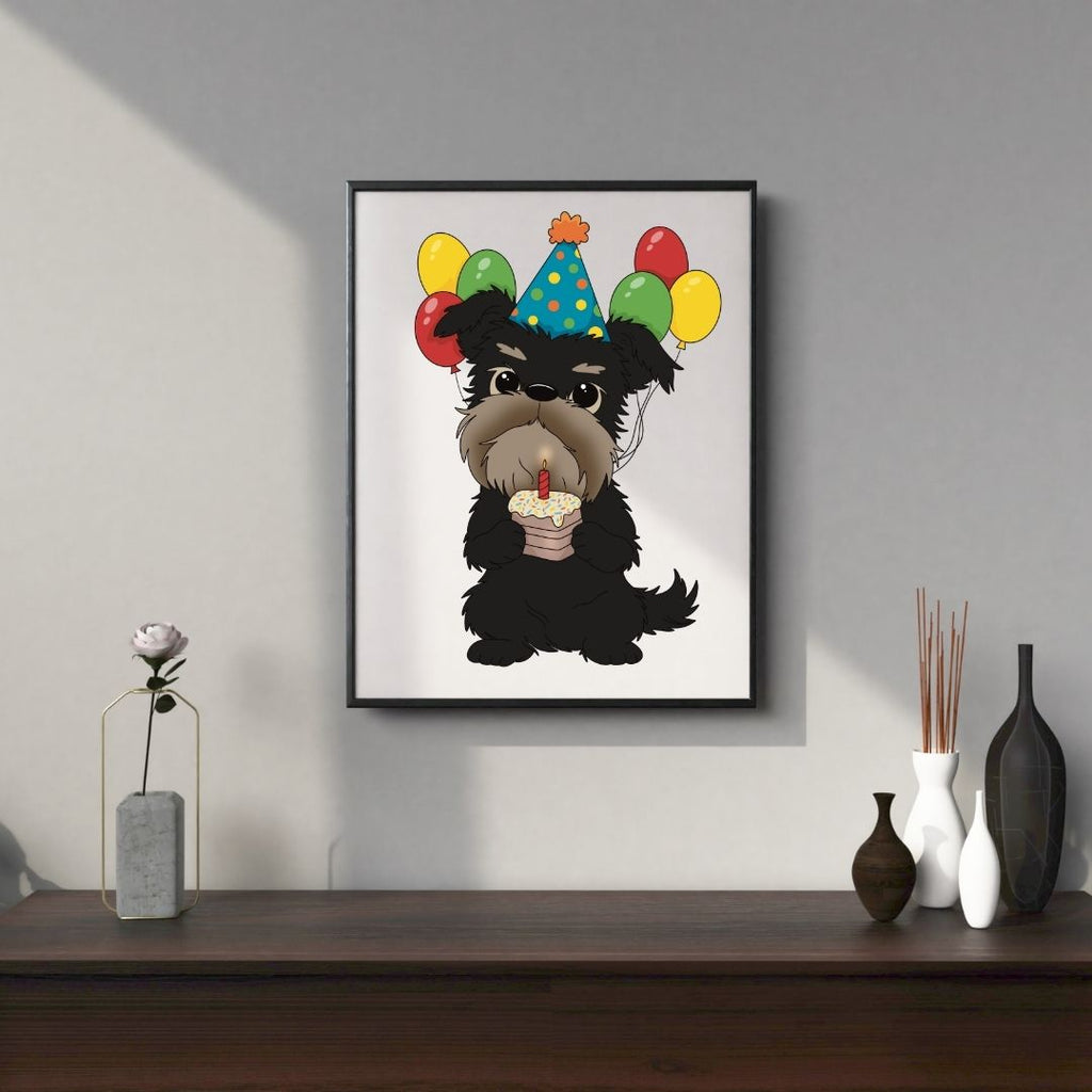 Framed custom hand-drawn artwork of a  Brussels Griffon dog with party hat and balloons on a wall above a wooden shelf.