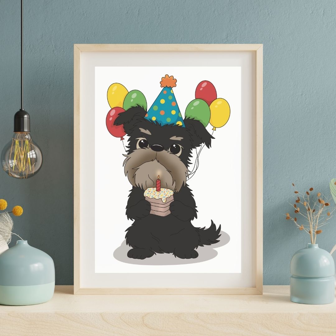 Framed custom hand-drawn artwork of a Brussels Griffon dog with a birthday hat and cake on a blue wall background