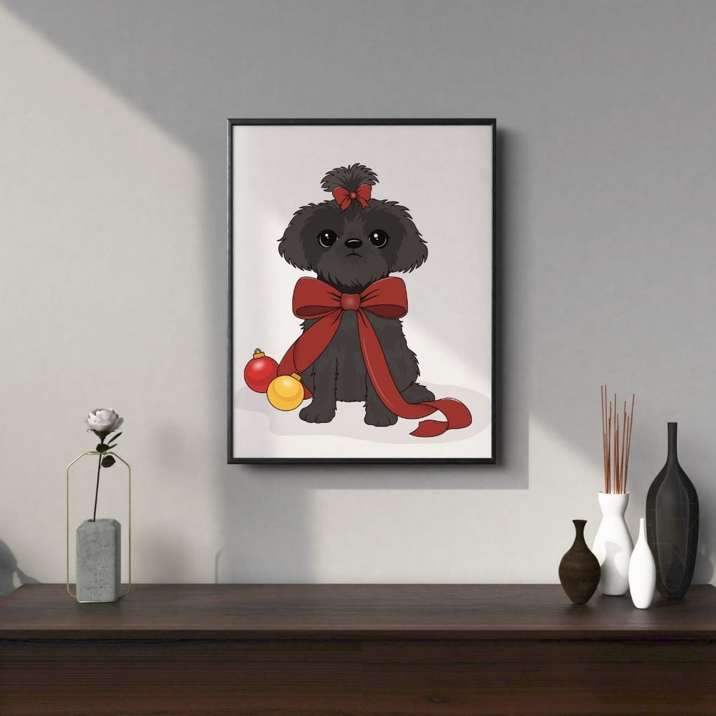 Framed custom hand-drawn artwork of a black Brussels Griffon dog with a red bow on a gray wall above a wooden shelf.
