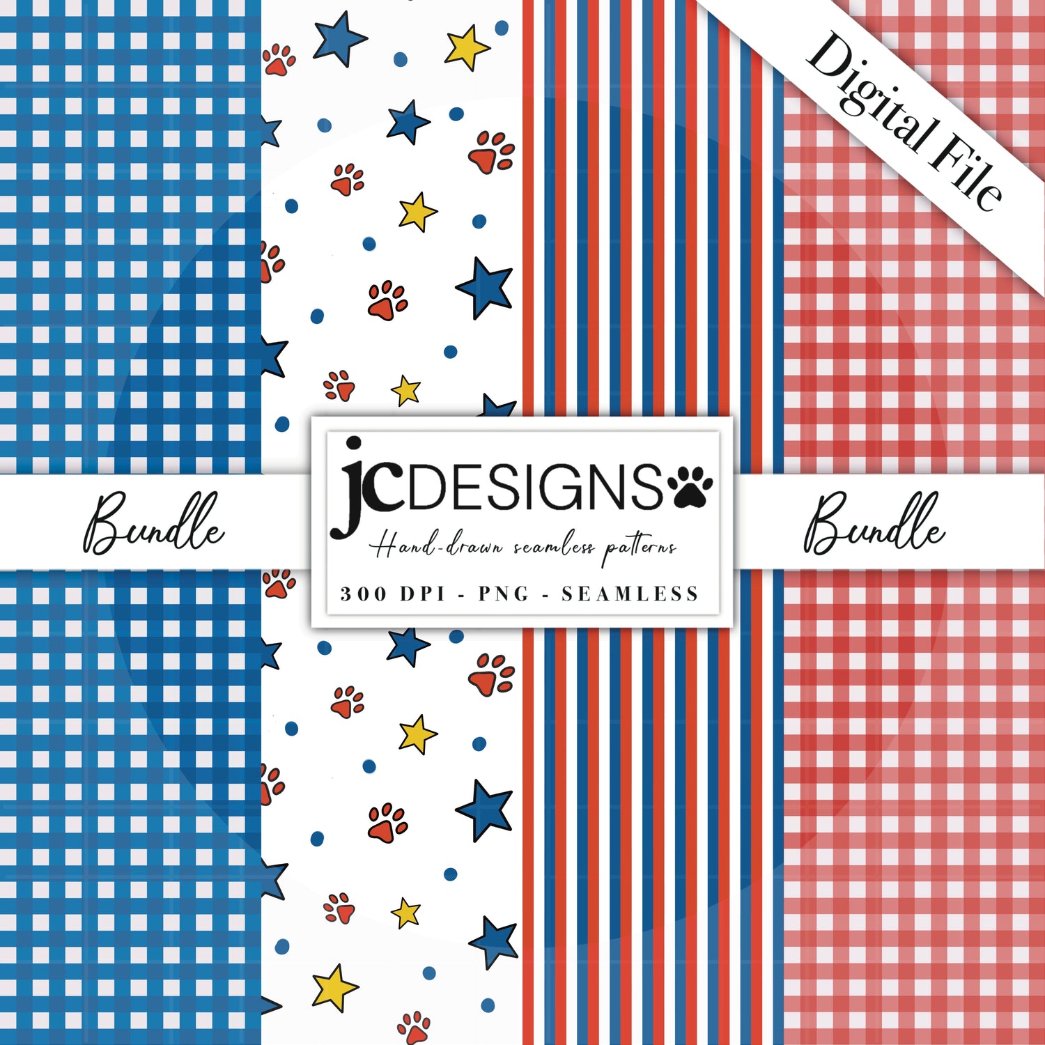 Red, White & Blue Gingham, Stripes, and Paws & Stars Seamless Pattern Bundle, 12 x 12 inch, PNG, Hand Drawn, Digital Download