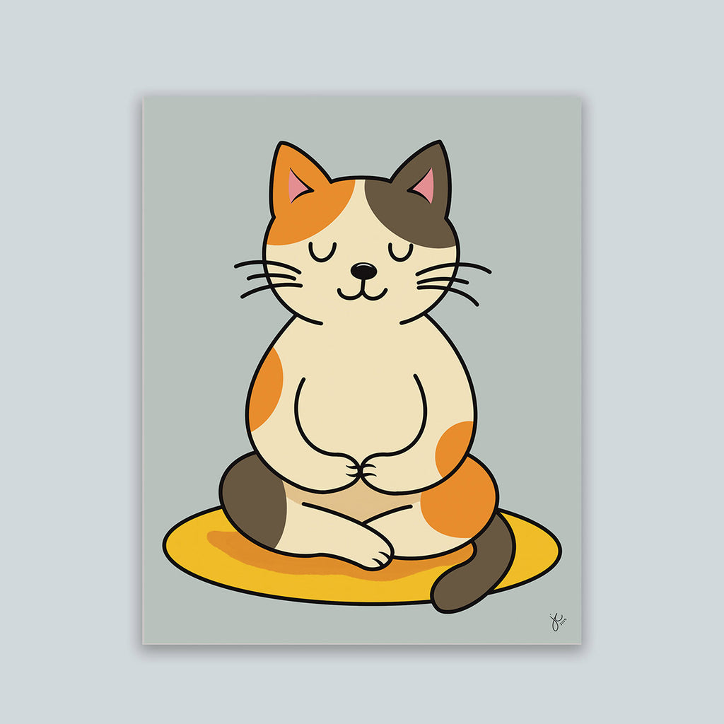 Minimalist cat yoga art print featuring brown tan and orange calico cat sitting cross-legged in a meditative post on a yellow mat with muted blue green background