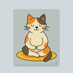 Minimalist cat yoga art print featuring brown tan and orange calico cat sitting cross-legged in a meditative post on a yellow mat with muted blue green background