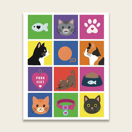 Hand-drawn cat art print featuring a colorful grid of cat illustrations including tabby cats, a tuxedo cat, a calico cat, a fish, yarn ball, paw print, cat collar, food bowl, and a 'Purrfect' heart tag — by JC Pet Designs