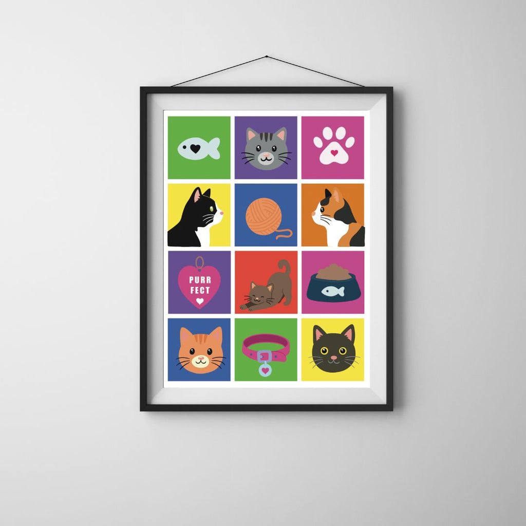 Hand-drawn cat art print framed in black hanging on wall featuring a colorful grid of cat illustrations including tabby cats, a tuxedo cat, a calico cat, a fish, yarn ball, paw print, cat collar, food bowl, and a 'Purrfect' heart tag — by JC Pet Designs. Frame not included.
