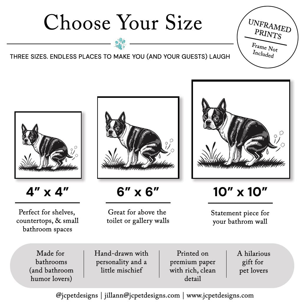 size guide showing funny dog pooping art prints in 4x4, 6x6, and 10x10 sizes for bathroom decor by JC Pet Designs