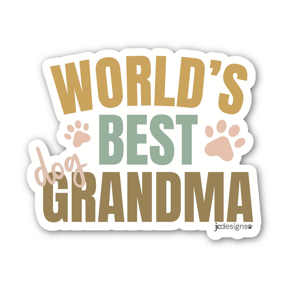 World’s best dog grandma sticker with playful typography and paw print accents in warm neutral tones