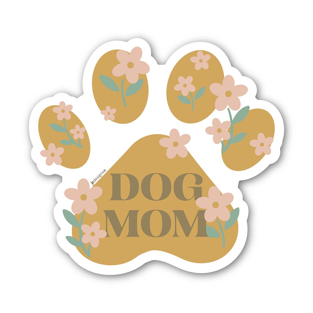 Dog mom paw print sticker with soft floral illustrations and neutral pastel colors, celebrating dog moms