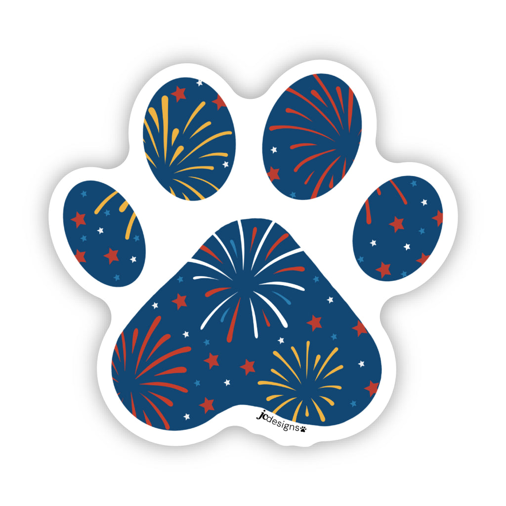 Dark Blue Paw-shaped sticker with fireworks pattern.