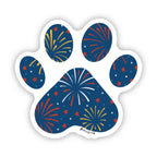 Dark Blue Paw-shaped sticker with fireworks pattern.