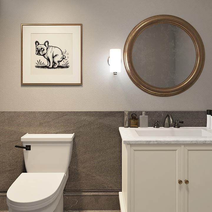 French bulldog pooping black and white art print framed above toilet in bathroom