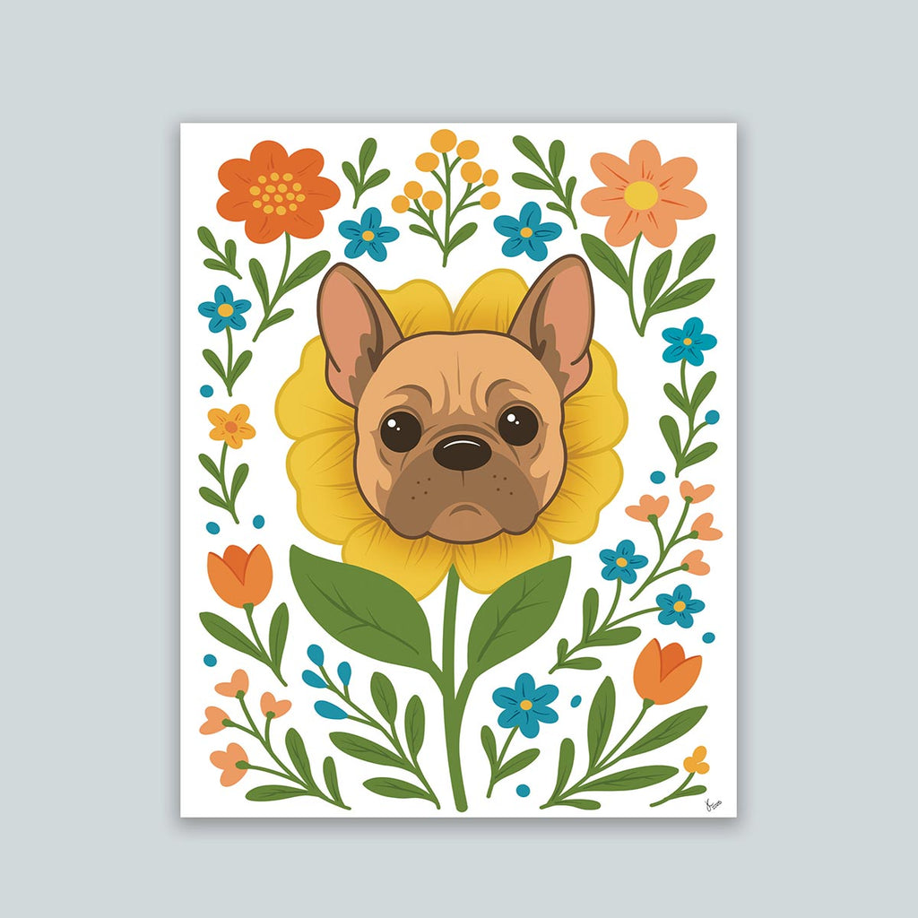 French Bulldog flower art print featuring a brown and tan frenchie face framed by a yellow flower surrounded by orange and teal floral blooms and green leaf stems, print is on a white background