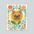 French Bulldog flower art print featuring a brown and tan frenchie face framed by a yellow flower surrounded by orange and teal floral blooms and green leaf stems, print is on a white background