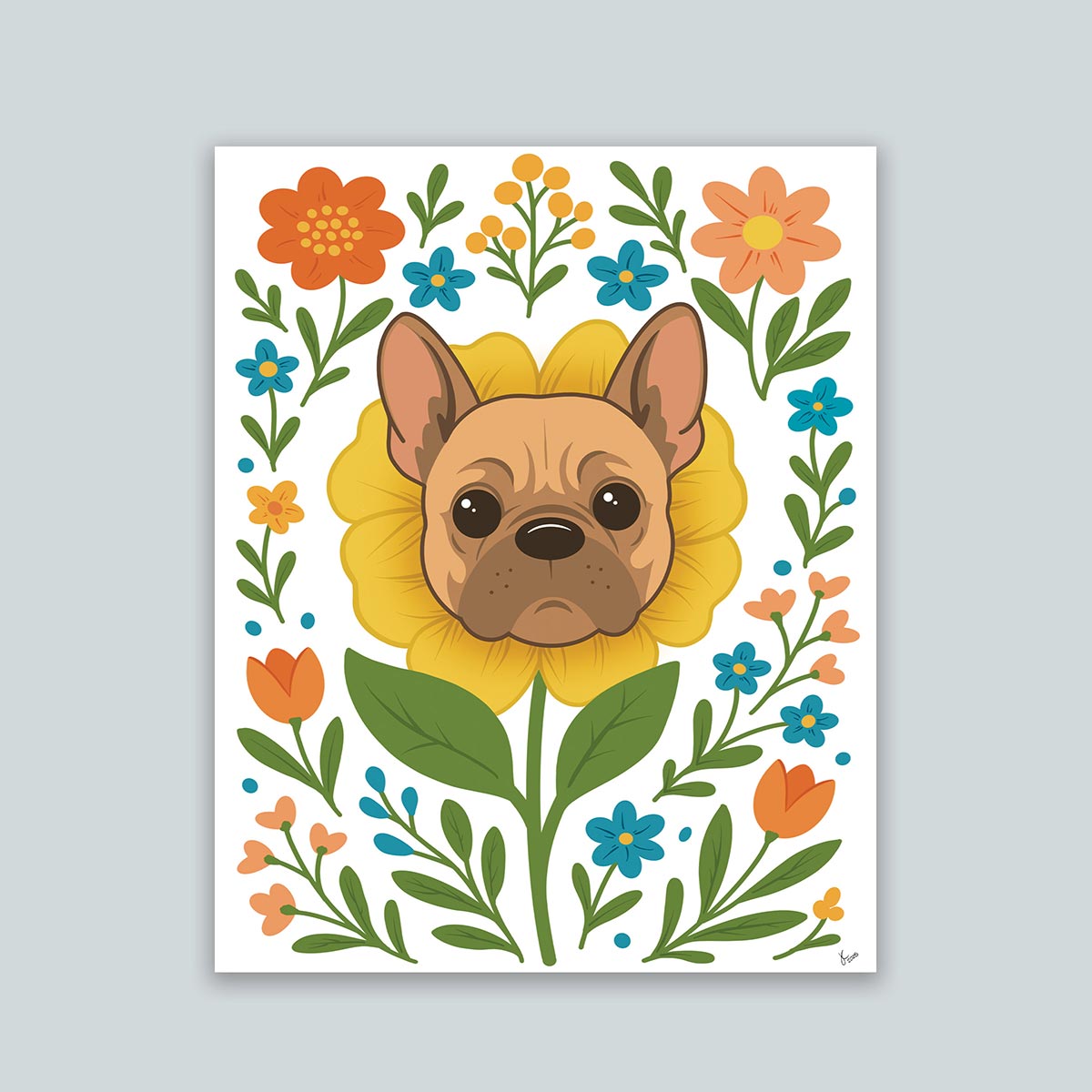 French Bulldog flower art print featuring a brown and tan frenchie face framed by a yellow flower surrounded by orange and teal floral blooms and green leaf stems, print is on a white background