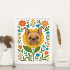 framed French Bulldog flower art print featuring a brown and tan frenchie face framed by a yellow flower surrounded by orange and teal floral blooms and green leaf stems, print is on a white background, frame is not included in purchase