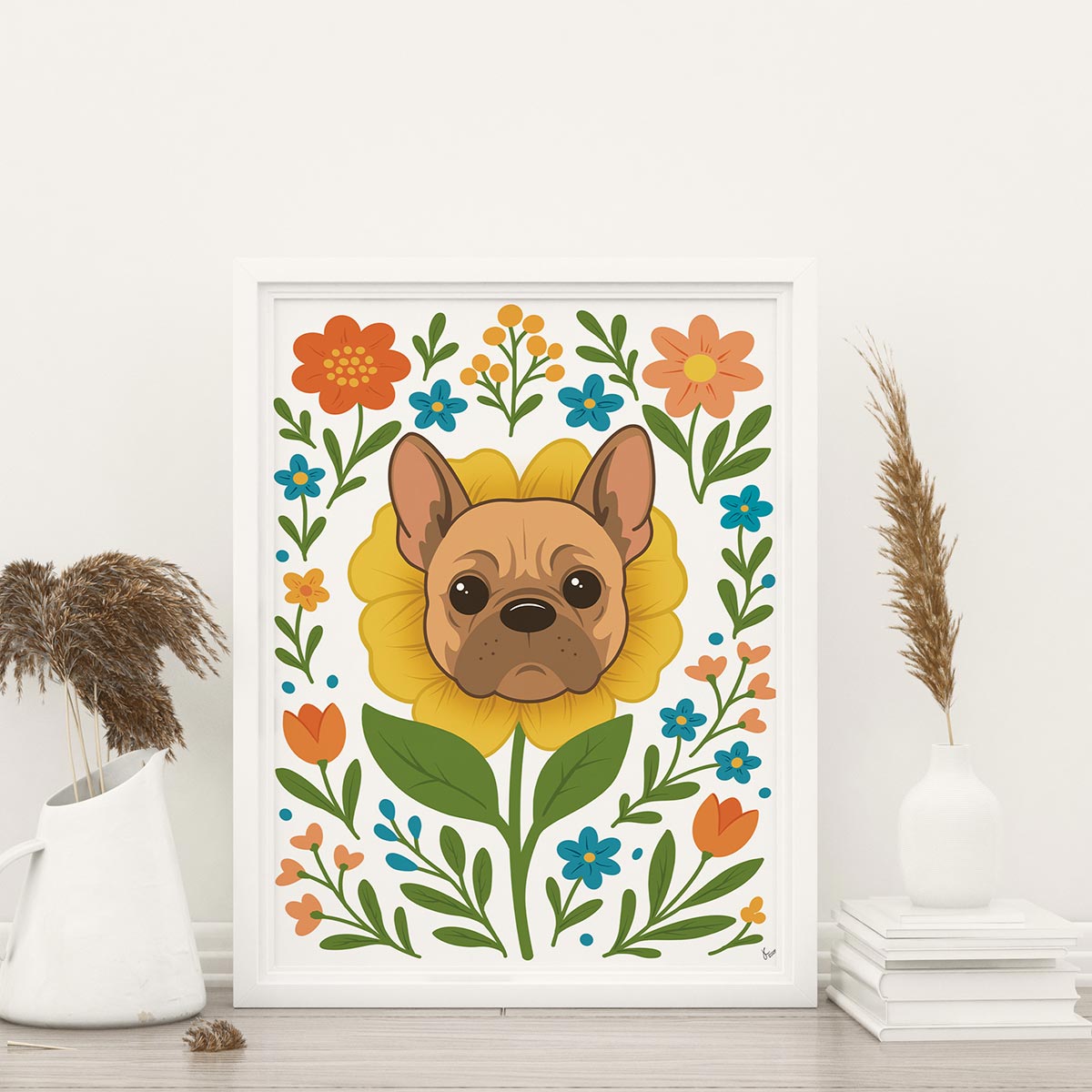 framed French Bulldog flower art print featuring a brown and tan frenchie face framed by a yellow flower surrounded by orange and teal floral blooms and green leaf stems, print is on a white background, frame is not included in purchase