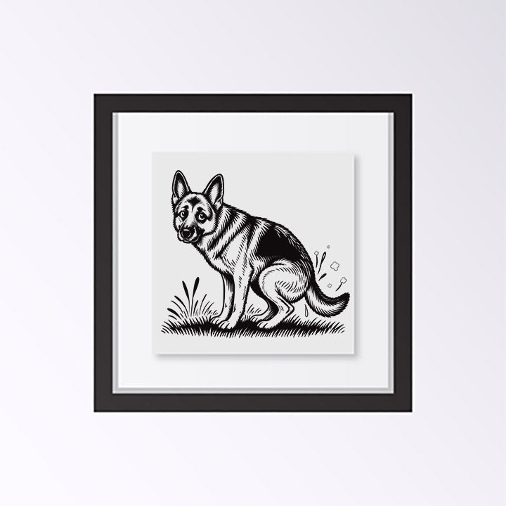 German Shepherd dog pooping black and white art print in black frame