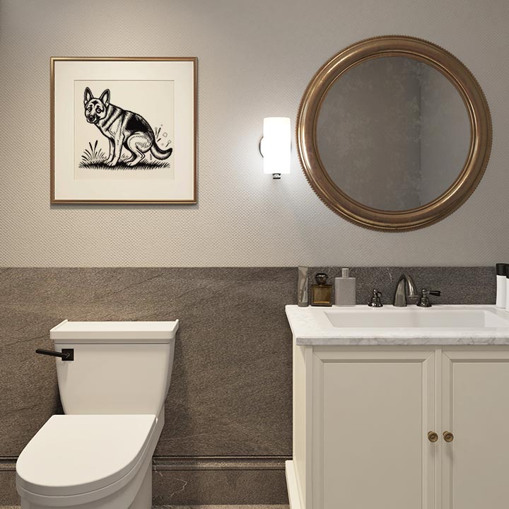 German Shepherd dog pooping black and white art print framed over toilet in bathroom