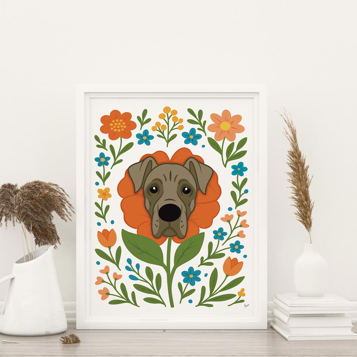 framed Great Dane flower art print featuring a gray Great Dane's face framed by an orange flower surrounded by orange and teal flowers and green stems and leaves, on a white background, frame is not included with purchase