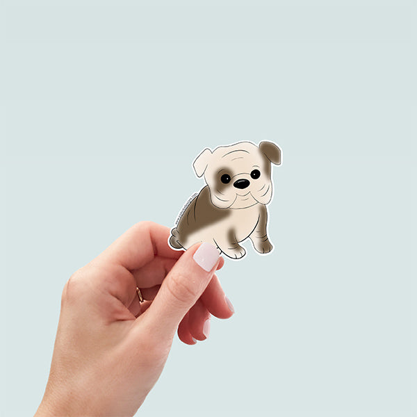 hand holding a cute hand-drawn bulldog puppy sticker with a soft beige and brown coat