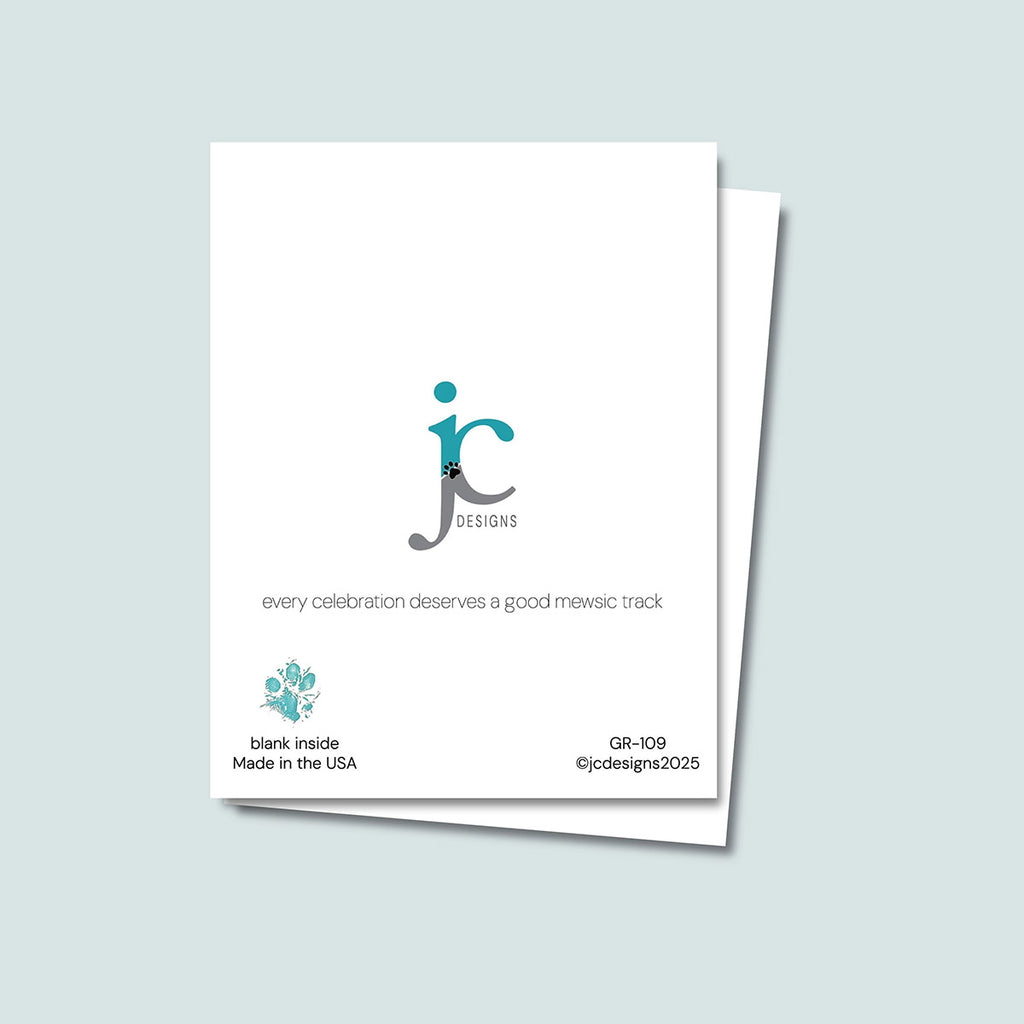 white back of Happy Purr-thday Birthday card showing JC Pet Designs logo and unique tagline that reads "every celebration deserves a good mewsic track", in the bottom left corner is Oz's paw print in teal and text that reads, "blank inside, made in the USA", the sku and copyright @jcpetdesigns2025 are on the bottom right corner