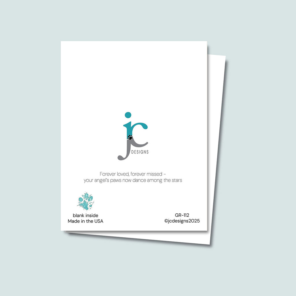 back of Heaven Gained a Paw-Angel card showing JC Pet Designs logo and unique tagline that reads "Forever loved, forever missed - your angel's paws now dance among the star", in the bottom left corner is Oz's paw print in teal and text "blank inside, Made in the USA", the sku and copyright @jcpetdesigns 2025 in the bottom right corner