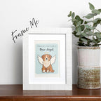 framed Heaven Gained a Paw-Angel pet sympathy card featuring a brown and white dog sitting up facing forward with angel wings and a golden halo on a soft blue background, text on top of card reads "Heaven Gained a Paw-Angel"