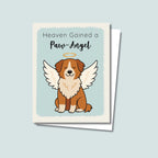 Heaven Gained a Paw-Angel pet sympathy card featuring a brown and white dog sitting up facing forward with angel wings and a golden halo on a soft blue background, text on top of card reads "Heaven Gained a Paw-Angel"