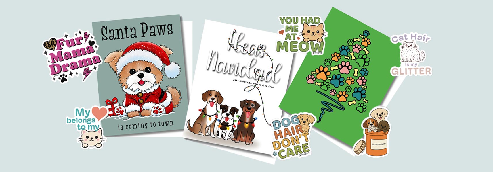 Holiday pet greeting cards and stickers bundle with Santa Paws, cat and dog themed hand-drawn designs