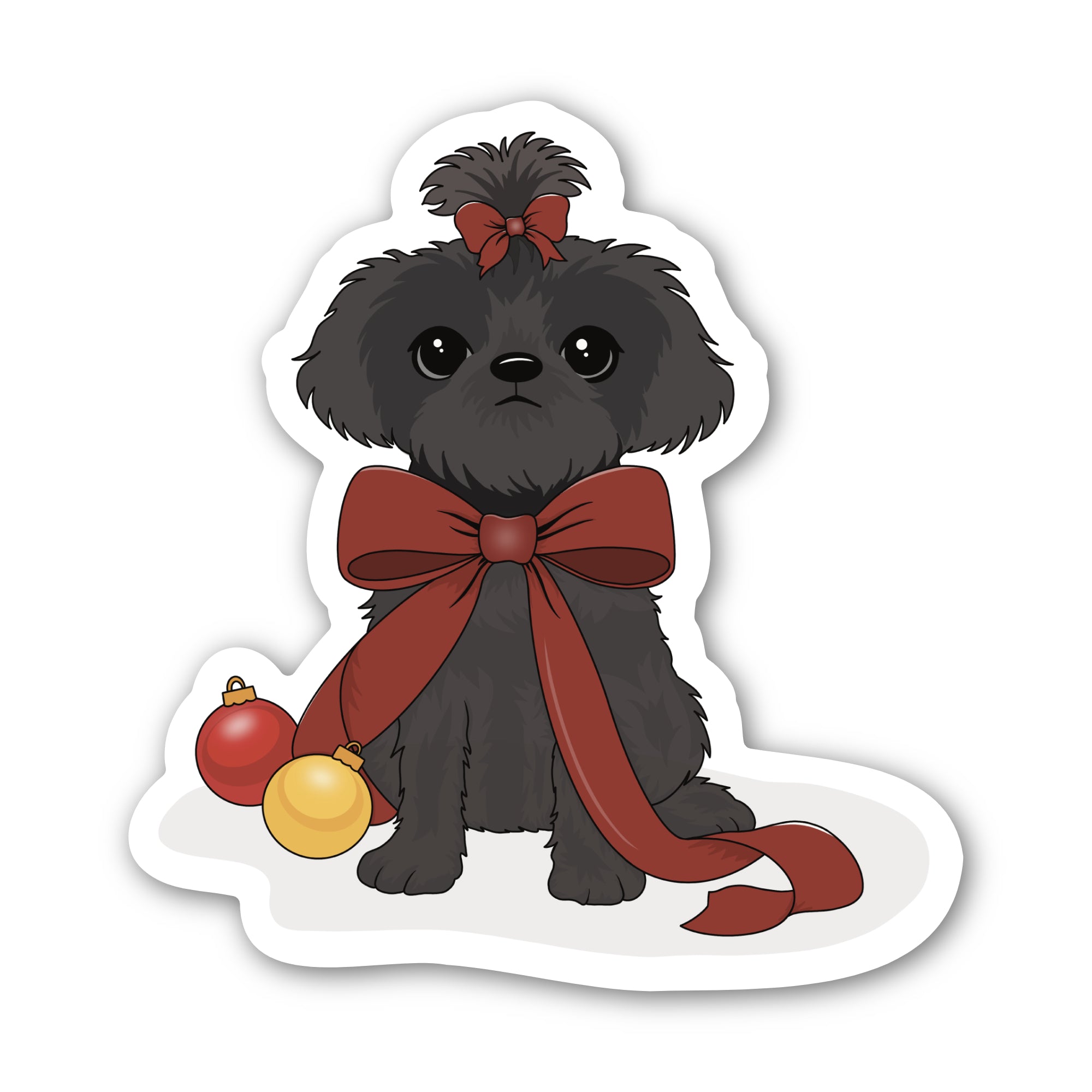 sticker or magnet of a dog with a red bow and Christmas ornaments on a white background