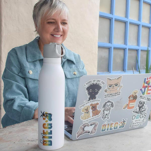Jillann smiling while working on laptop decorated with cute dog and cat stickers, next to computer is a white water bottle decorated with San Diego dog sticker