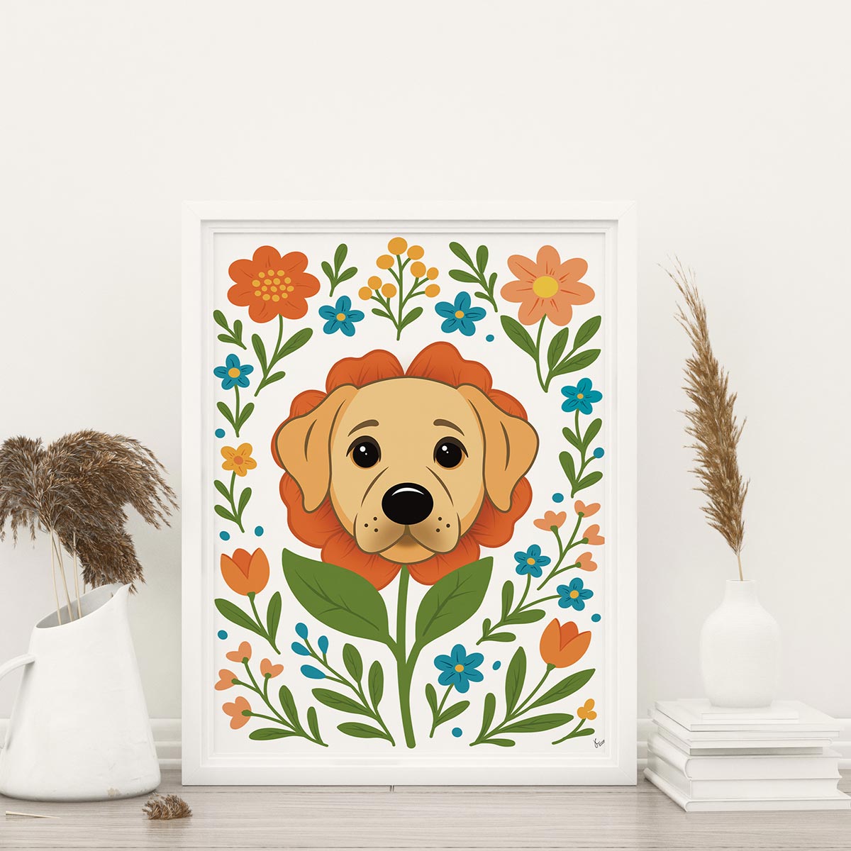 framed Labrador flower art print featuring a yellow lab dog's face surrounded by orange teal and yellow flowers and green stems leaves on a white background, frame not included with purchase