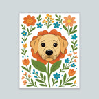 Labrador flower art print featuring a yellow lab dog's face surrounded by orange teal and yellow flowers and green stems leaves on a white background