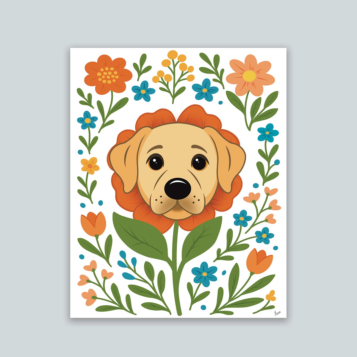 Labrador flower art print featuring a yellow lab dog's face surrounded by orange teal and yellow flowers and green stems leaves on a white background