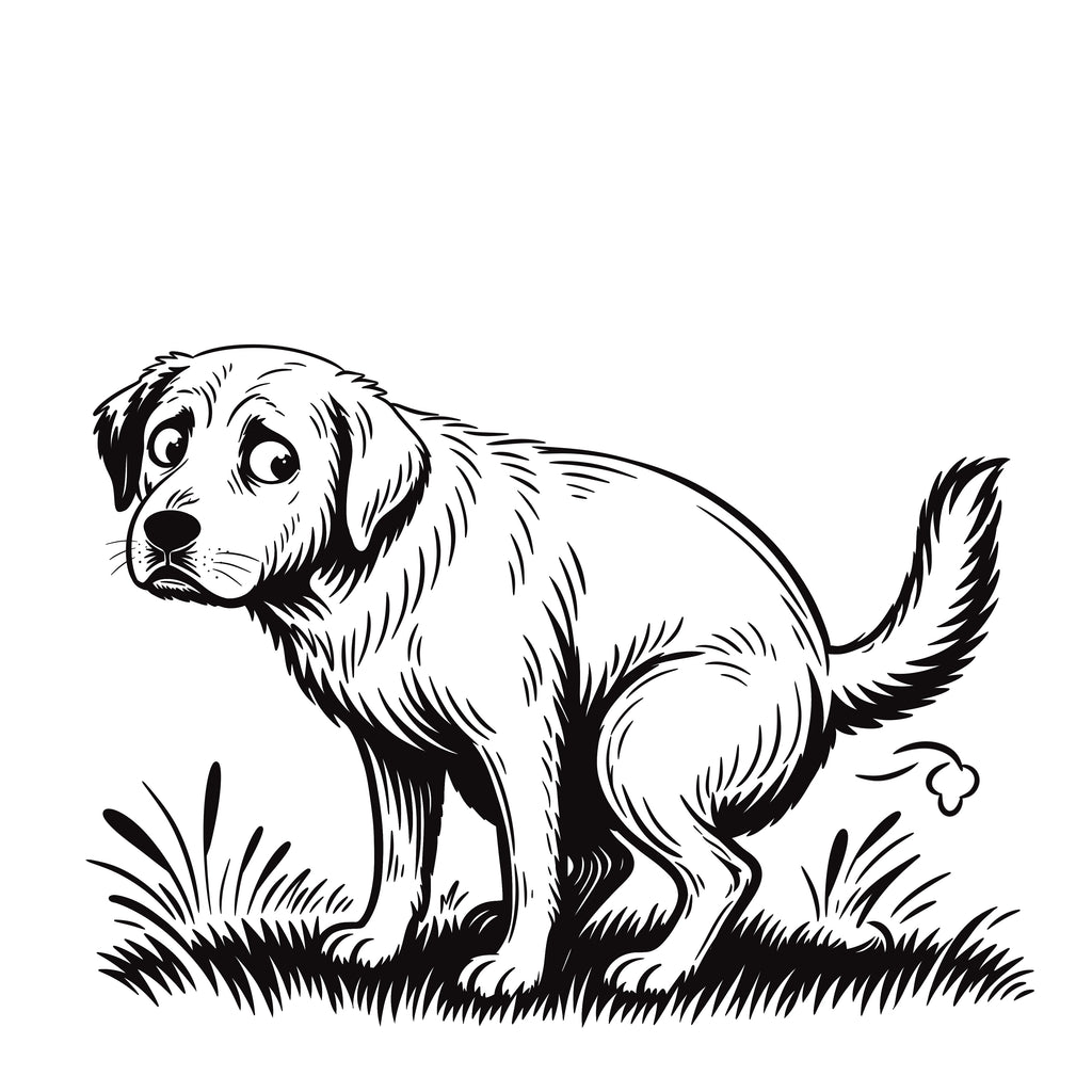 Black and white illustration of a lab pooping on grass
