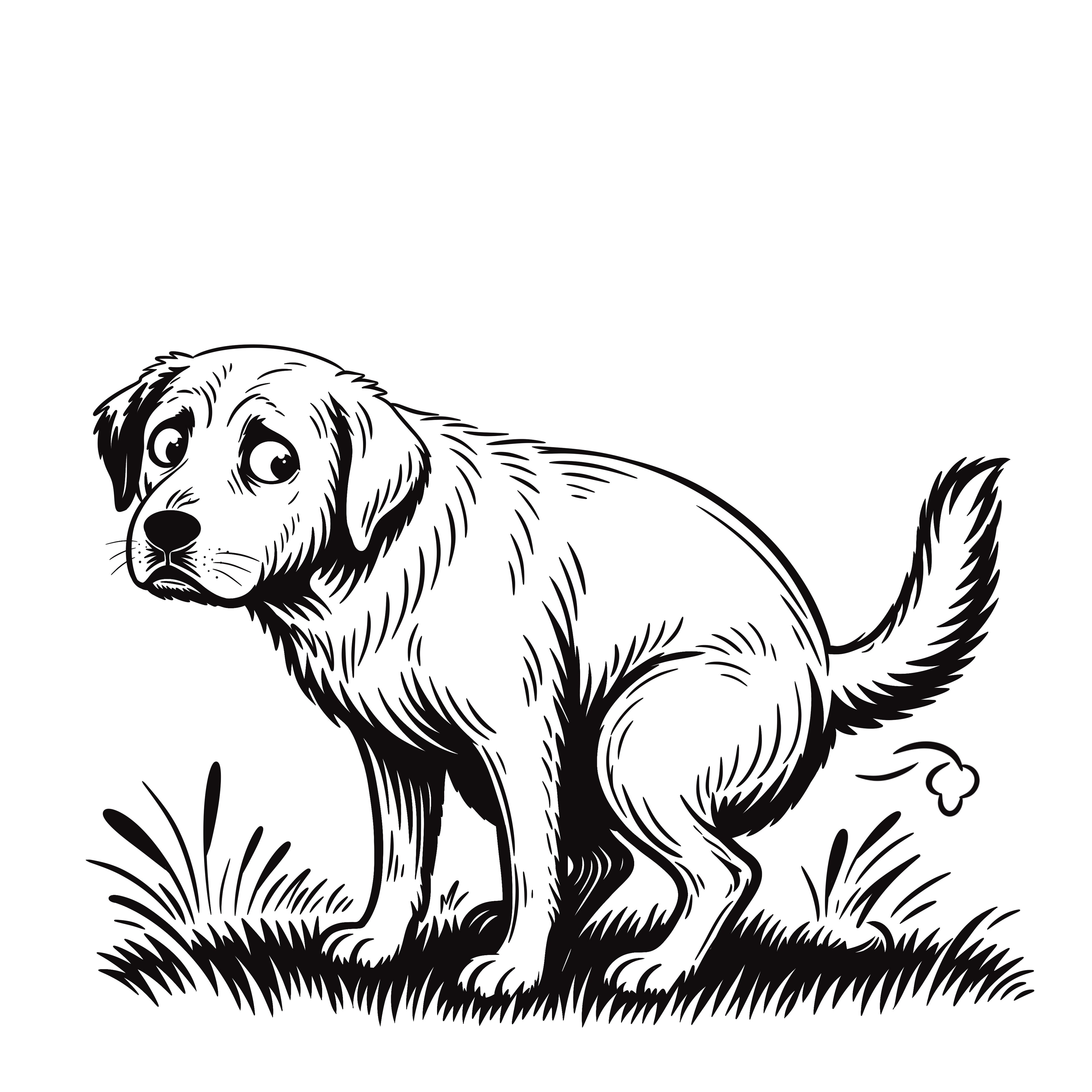 Black and white illustration of a lab pooping on grass