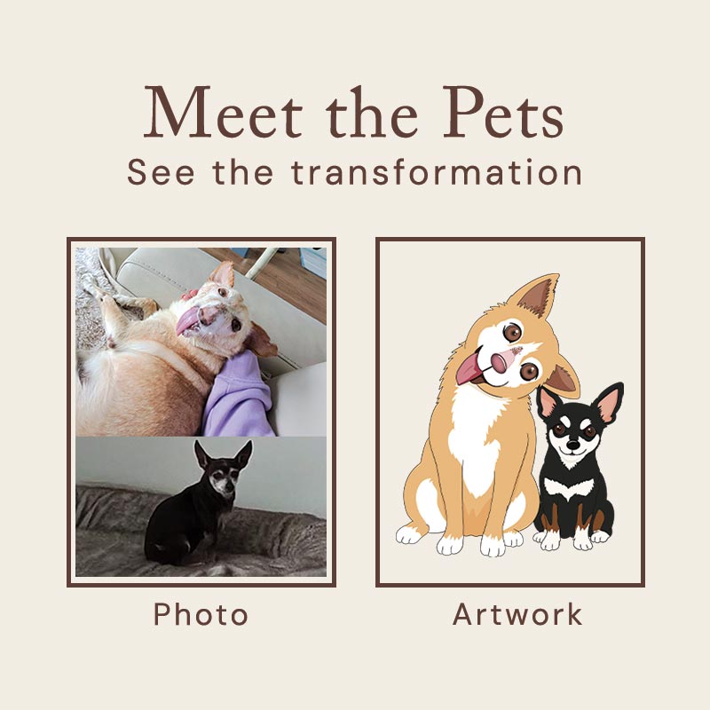 Comparison of a photo of two dogs with their illustrated versions on a beige background.