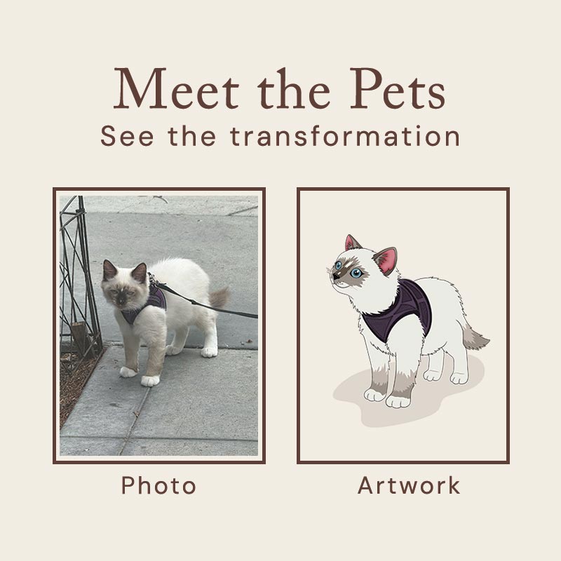 Comparison of a real cat on a leash and an artwork of the same cat.