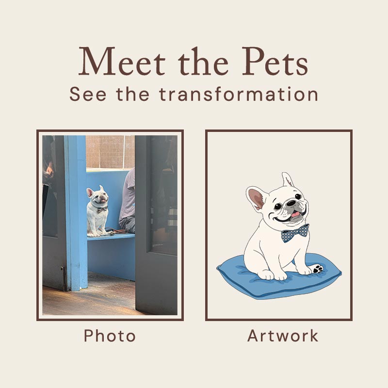 Comparison of a real-life photo and its corresponding artwork of a dog with a bow tie on a beige background.