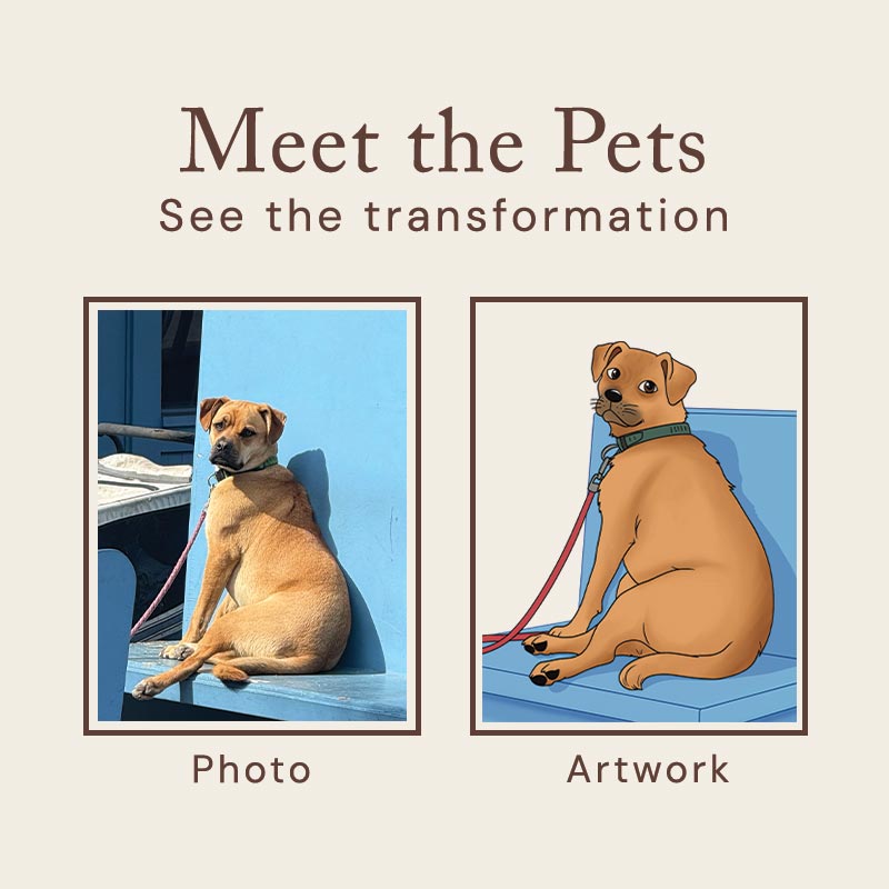Comparison of a photo and its artwork of a dog on a blue surface.