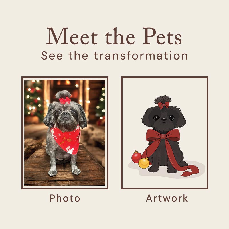 Comparison of a real dog photo and its stylized artwork with a red bow on a beige background.
