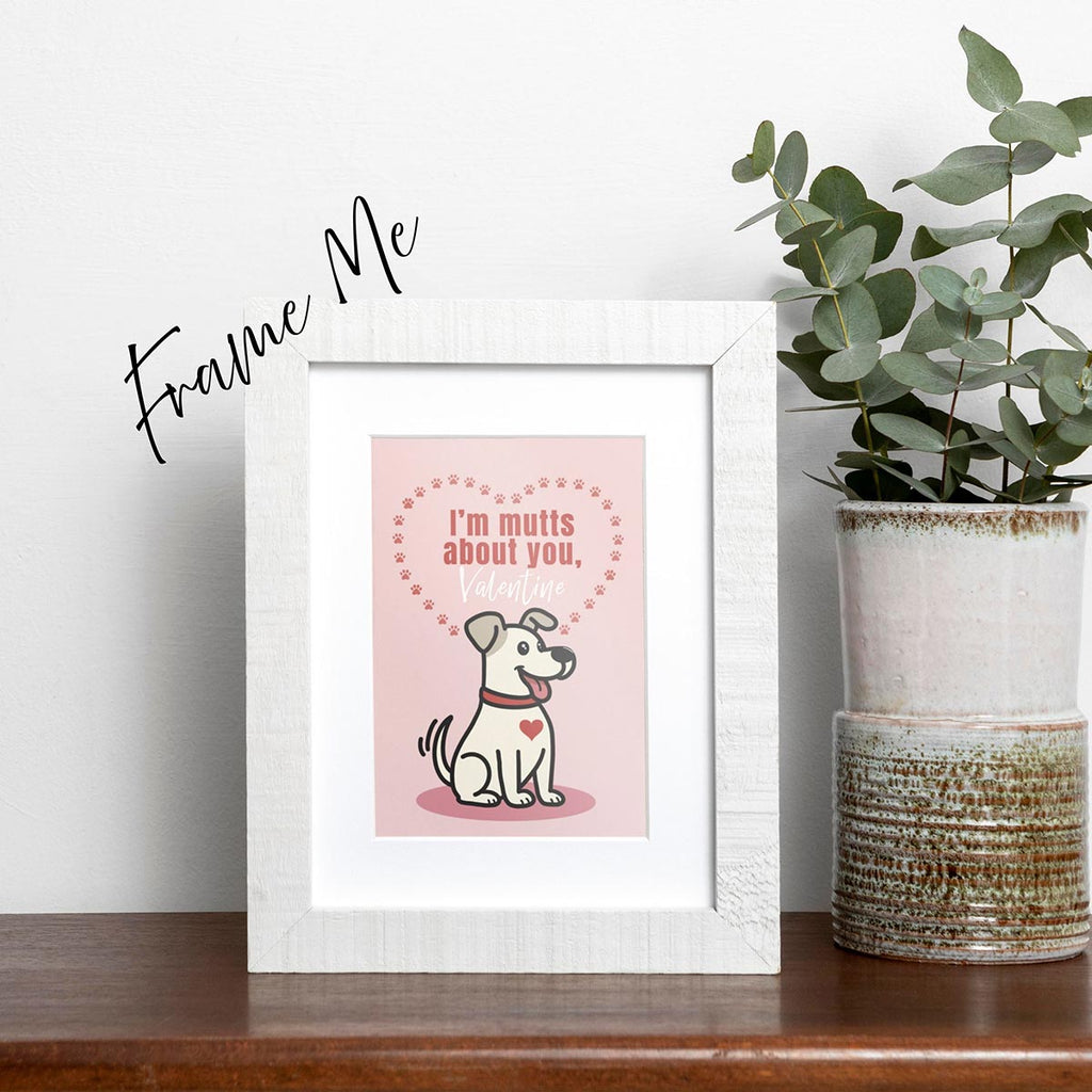 framed Tuna Time card featuring a cute orange cat sitting on a can of tuna, text on top of card reads "You Make Me Purr Louder than Tuna Time", the card has a muted pink background